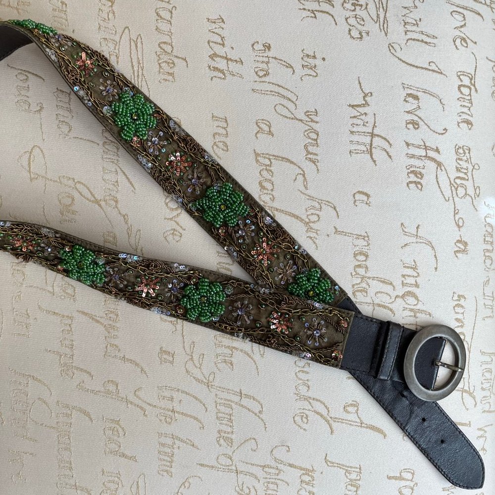 Brown Leather Belt with Green, Copper, and Lavendar beading Size M